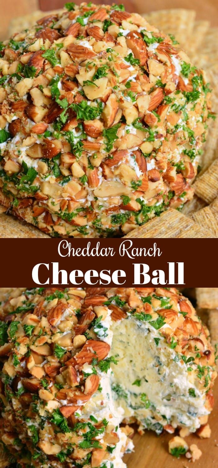 Ranch Cheddar Cheese Ball collage with cheese ball on a cutting board 