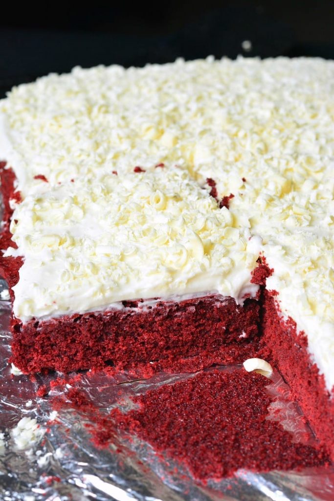 Red Velvet Brownies sliced on aluminum foil