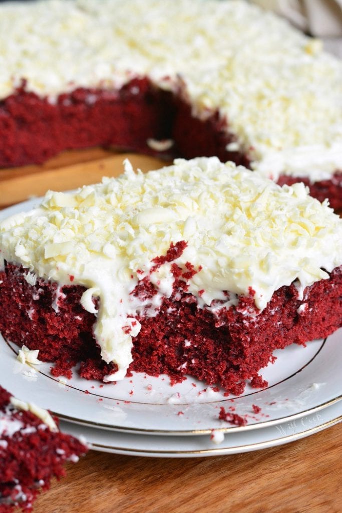 close up of a red velvet brownie slice on a plate