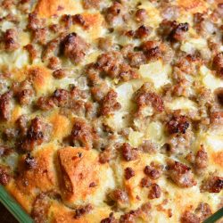 top closeup of the baked sausage casserole in the dish.