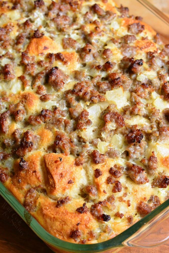 closeup of baked sausage casserole in the baking dish.