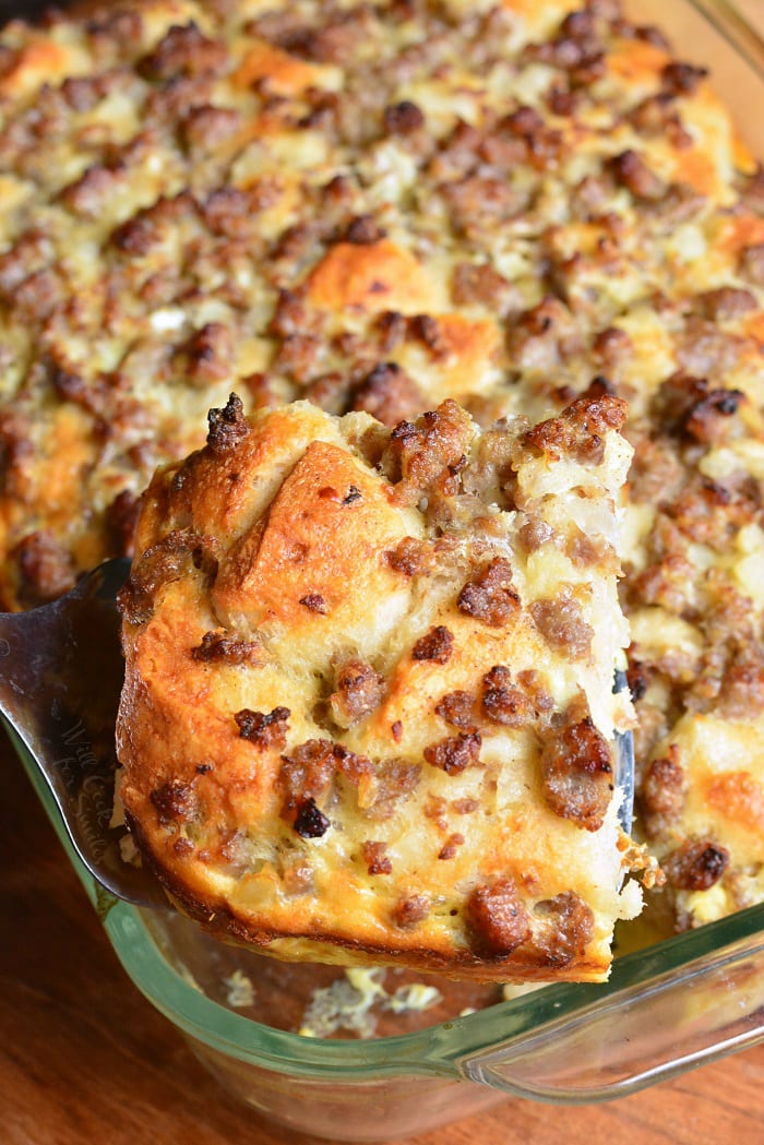 Breakfast Casserole. Perfect for breakfast and brunch, this casserole is made with fluffy biscuits, egg and milk mixture, sausage, and onions. #breakfast #brunch #casserole #sausage #eggs #biscuits