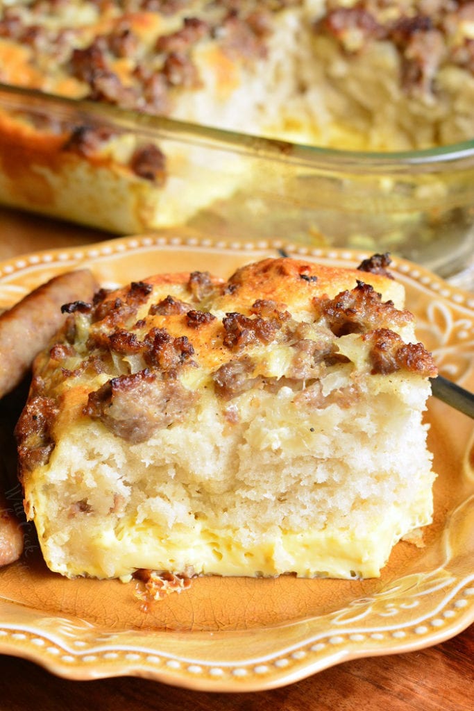 a slice of sausage breakfast casserole on the plate.