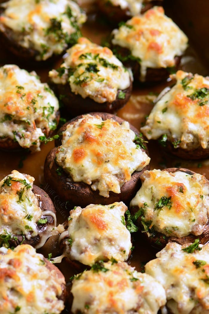 Stuffed Mushrooms Recipe baked in a casserole dish 