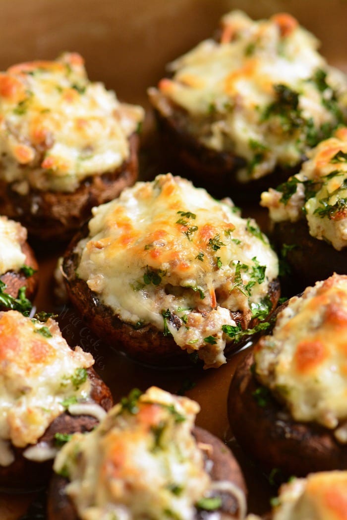 Sausage Stuffed Mushrooms cooked in a baking dish 