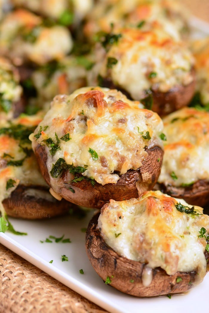 Sausage Stuffed Mushrooms on a serving plate 