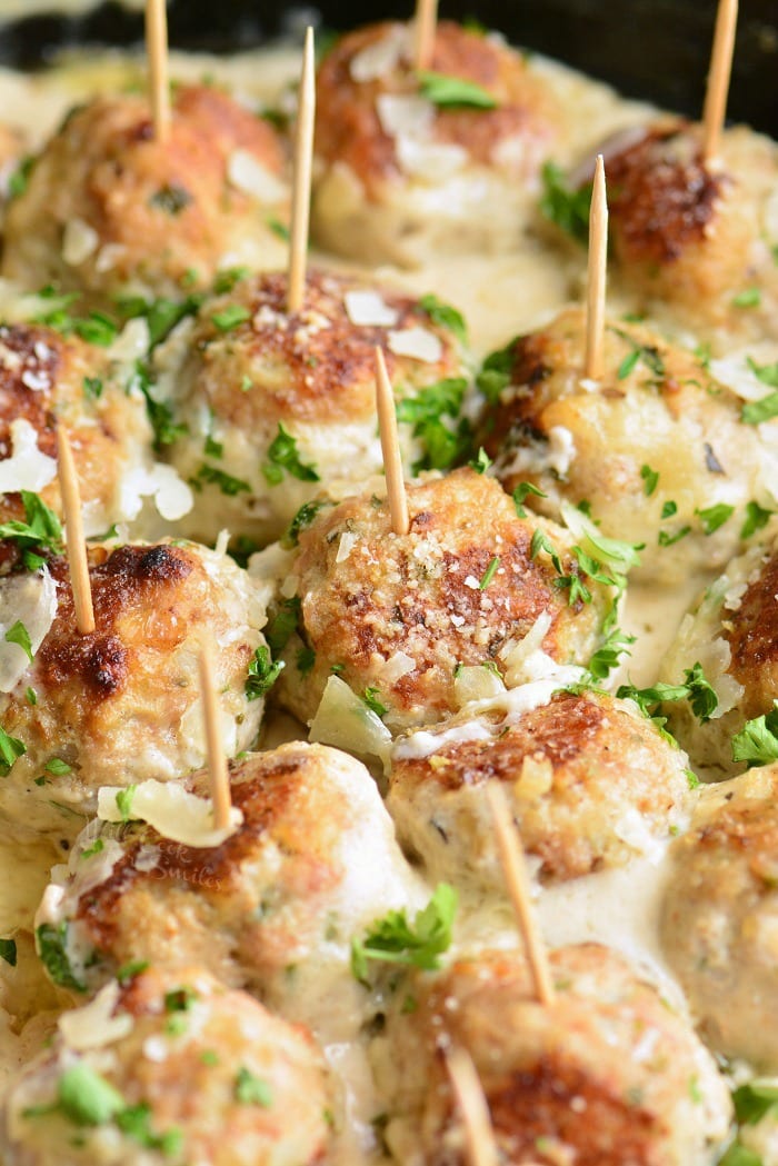 Turkey Meatballs in a pan with toothpick