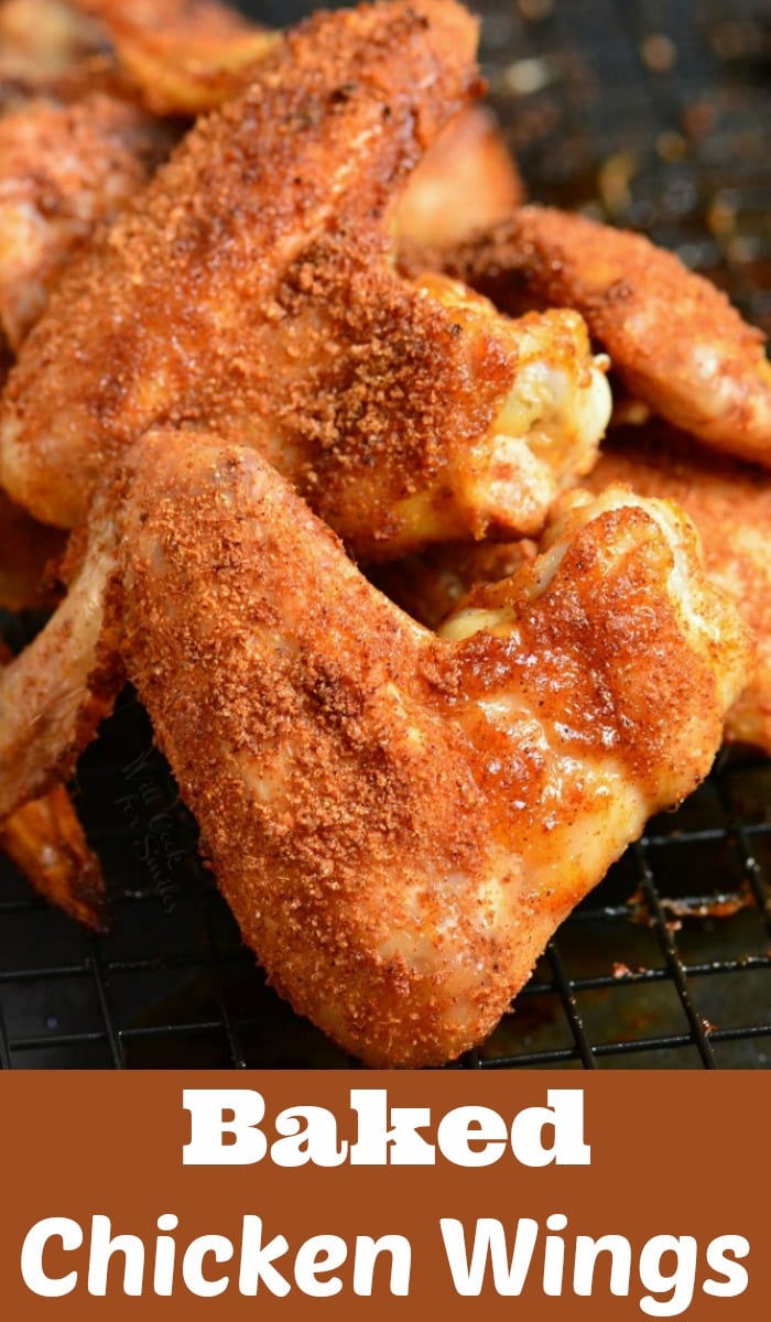 closeup on two baked chicken wings and title below