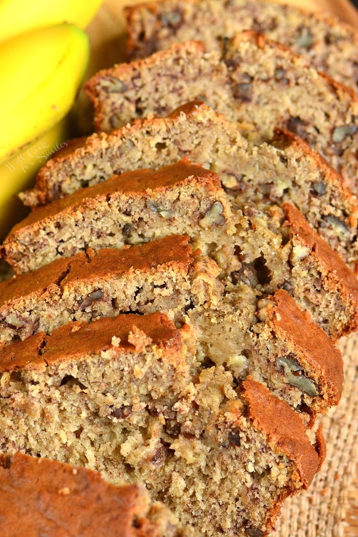 Classic Banana Bread recipe sliced up on a table 