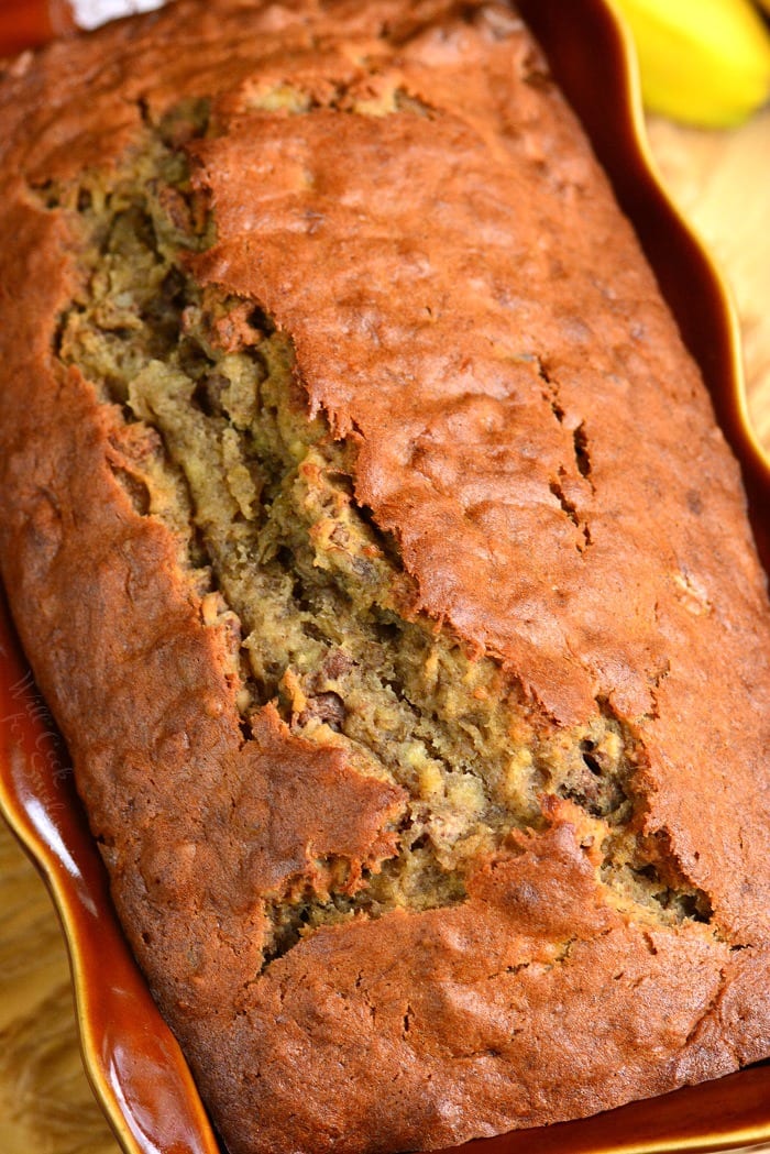 Banana Bread in a yellow and brown bread pan 