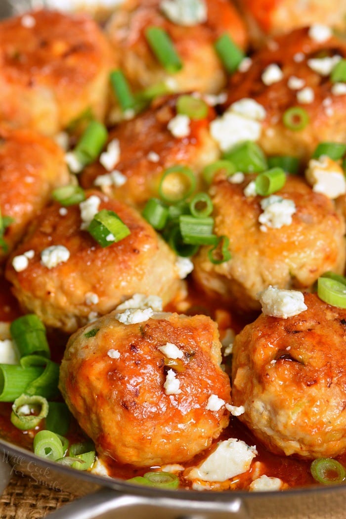 Buffalo meatballs with blue cheese in a pan 