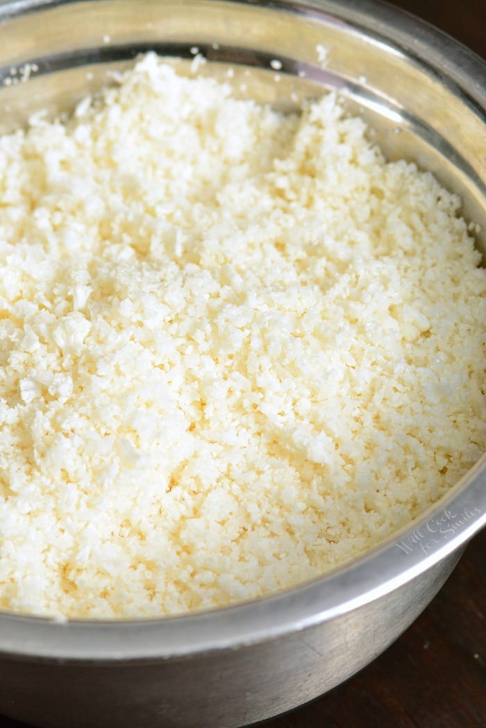 Cauliflower rice in a metal bowl 