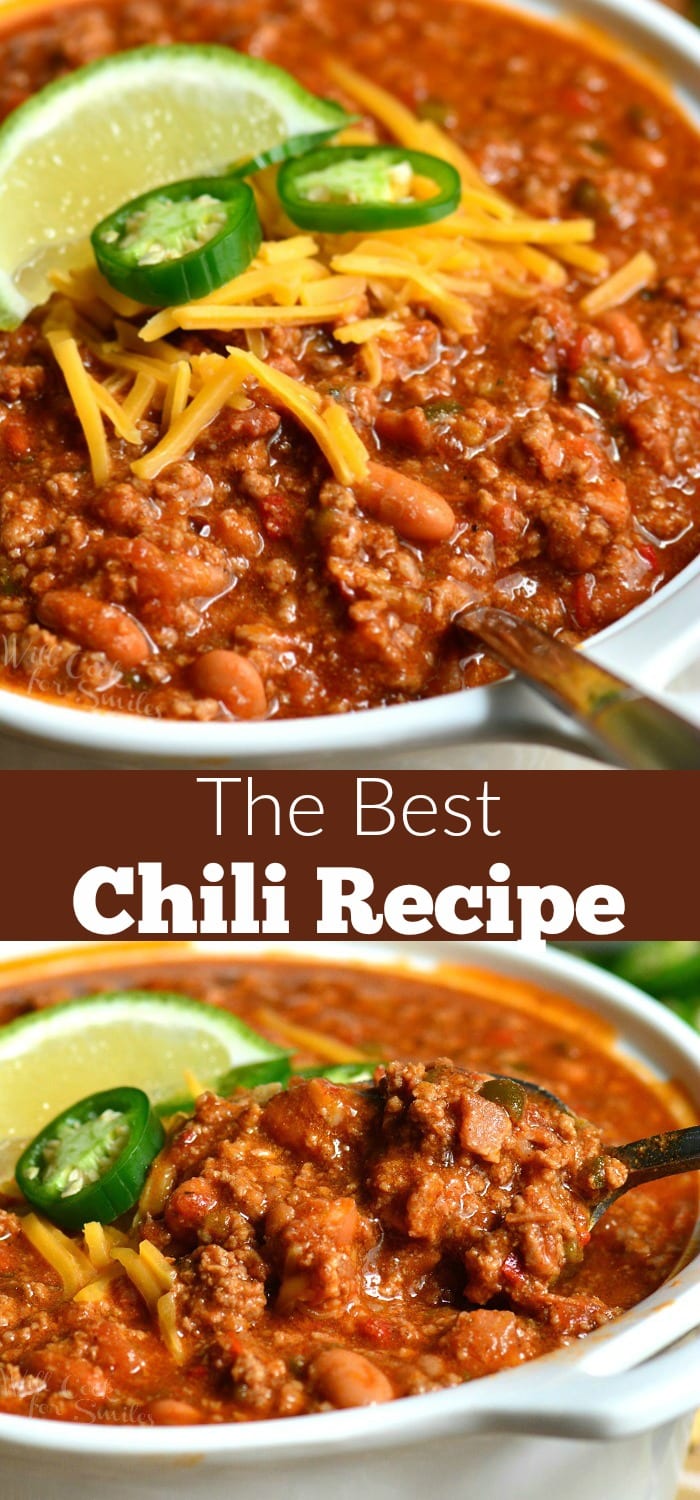 collage of two closeup images of chili in a white bowl.