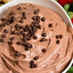 Above shot of chocolate cake fruit dip in a white bowl.