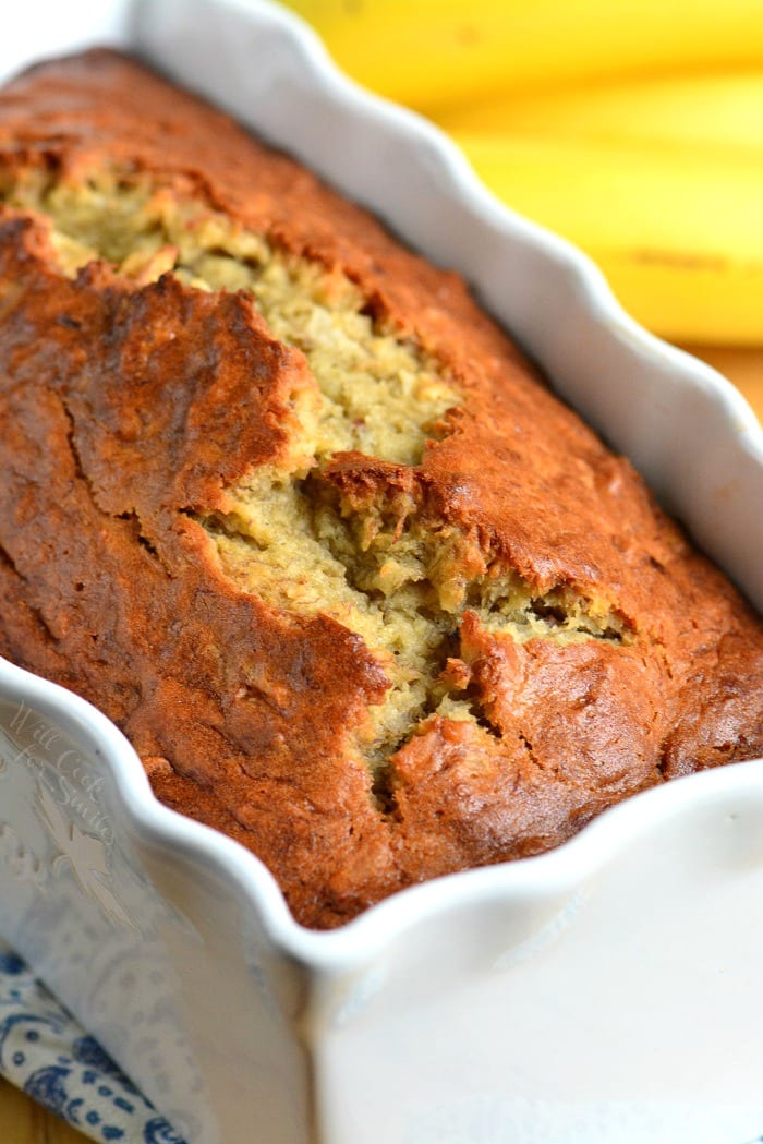 Coconut Banana Bread in a loaf pan 