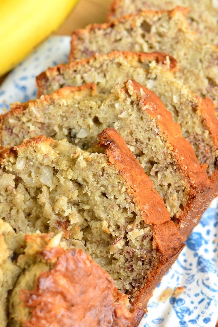 Coconut Banana Bread sliced on a plate 