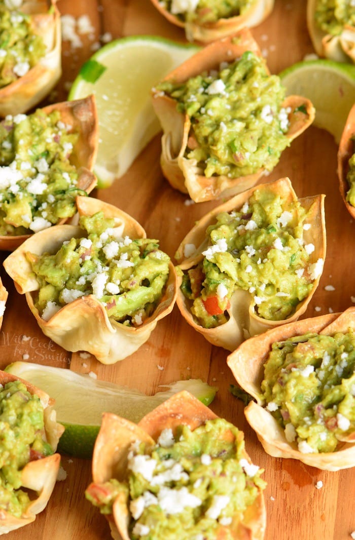 above shot of Guacamole Cups on a cutting board.