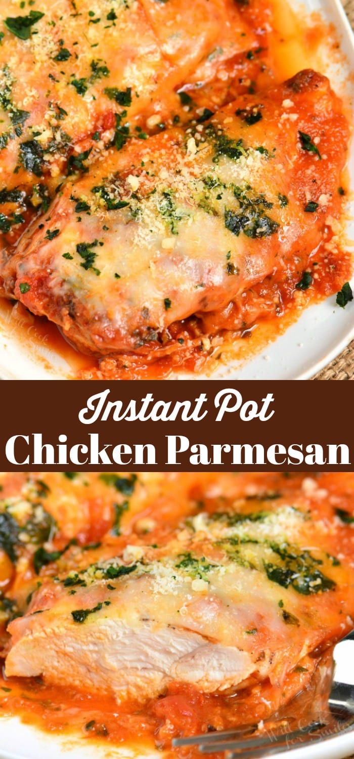 Instant Pot Chicken Parmesan in a serving plate collage 