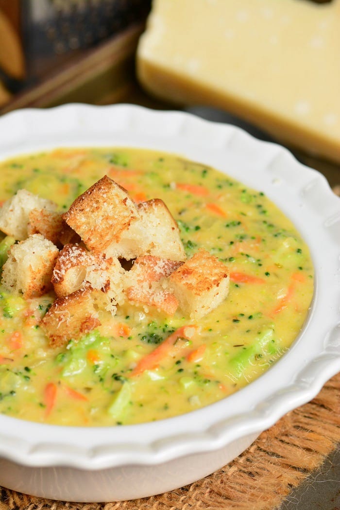 Italian Broccoli Cheese Soup in a bowl with croutons on top 