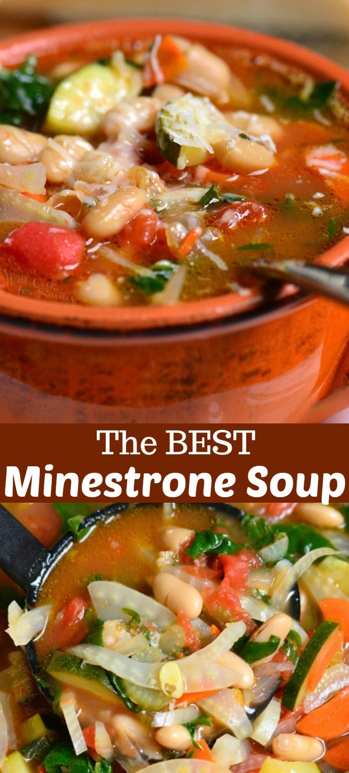 collage of two closeup images of minestrone soup.