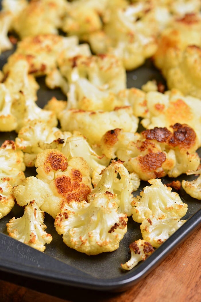 Roasted cauliflower on a baking sheet 