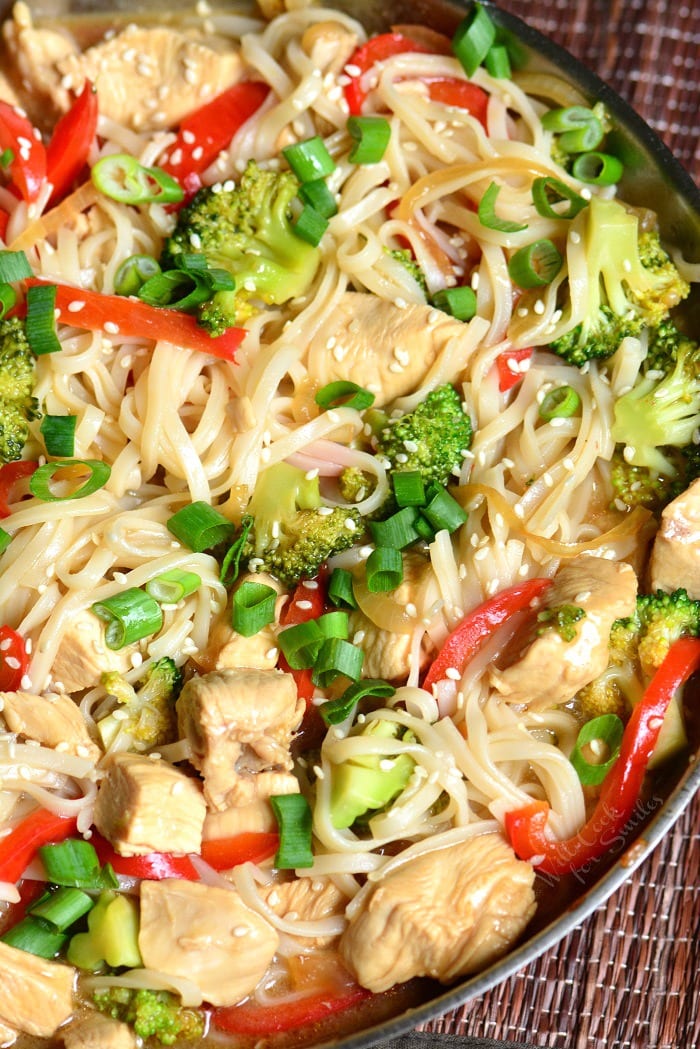 Sesame Chicken with Noodles in a pan 