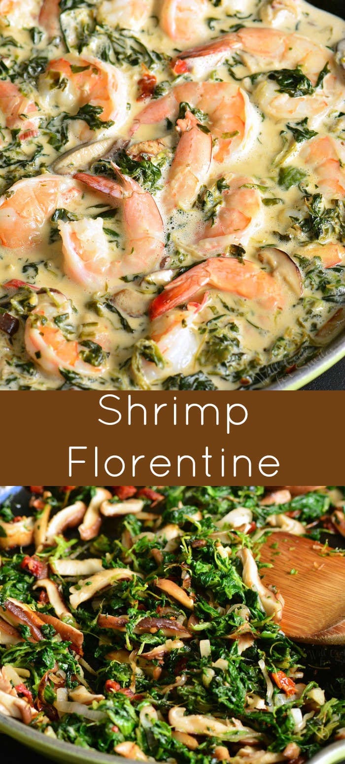 Shrimp Florentine is a fast and easy shrimp dinner recipe that features juicy shrimp cooked with spinach, mushrooms, shallots, sun-dried tomatoes, and white wine cream sauce. #shrimp #dinner #easydinner #30minute #seafood