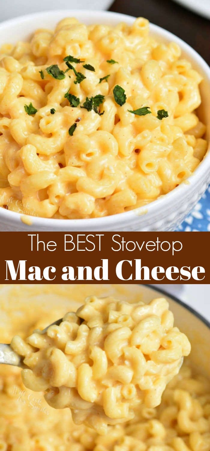 collage of two images of mac and cheese in a bowl and in a pot.