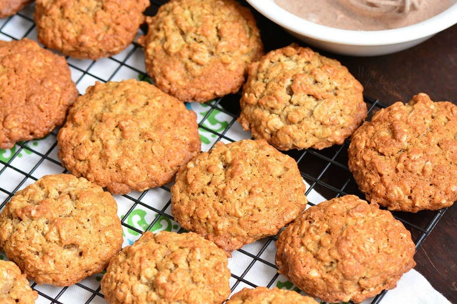 Chewy Oatmeal Cookies on a cooling rack 