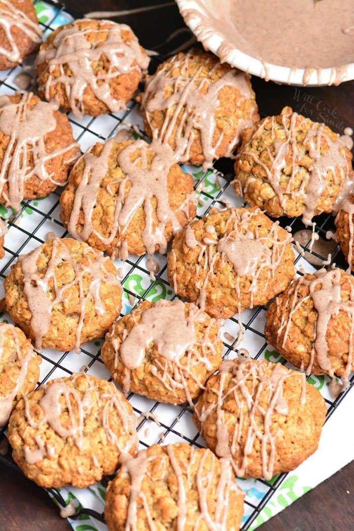 Glazed Oatmeal Cookies on a cooling rack 