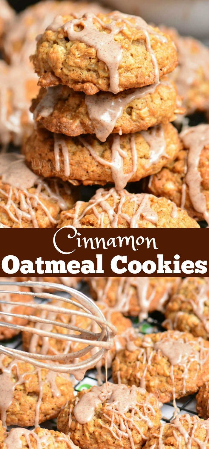 Cinnamon Oatmeal Cookies are soft, chewy, and delicious. This oatmeal cookie recipe is made with old fashioned oats and flavored with cinnamon and cinnamon glaze on top. #cookies #oatmealcookie #oat #glazed #cinnamon #dessert