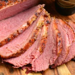 closeup of slices of corned beef brisket cooked in Instant pot.