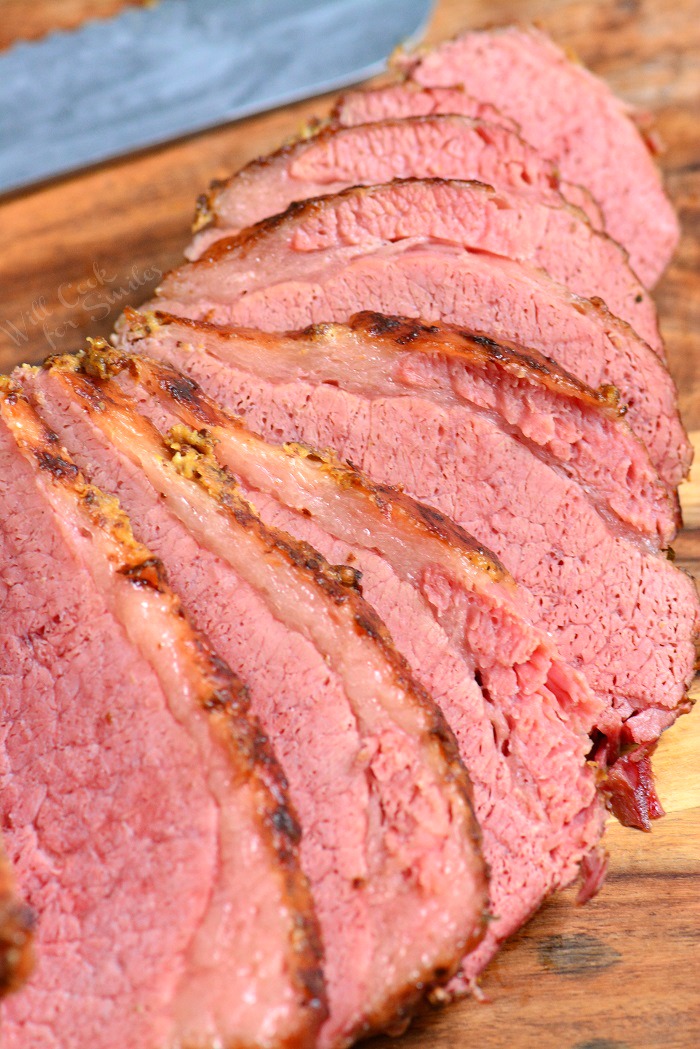 sliced corned beef laid out next to each other.