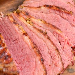 top closeup view of the corned beef slices stacked together.