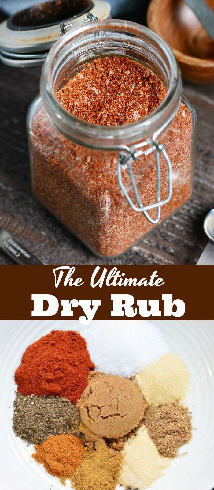 The Ultimate Dry Rub recipe picture collage top picture spices in jar bottom picture spices in a bowl 