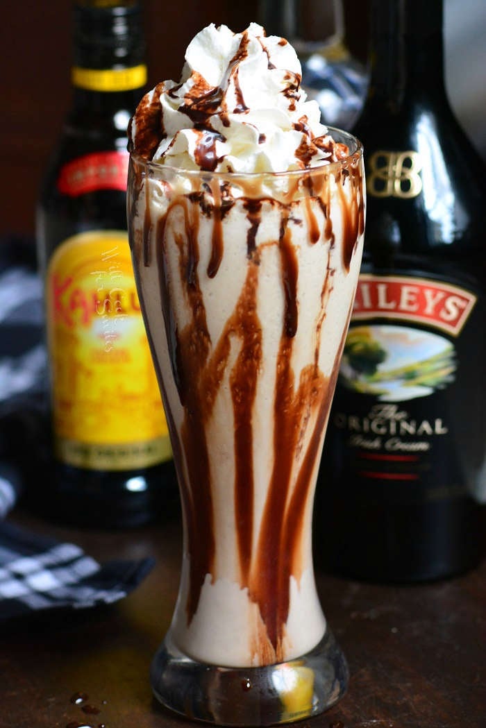 Frozen Mudslide in a glass with wipe cream on top 