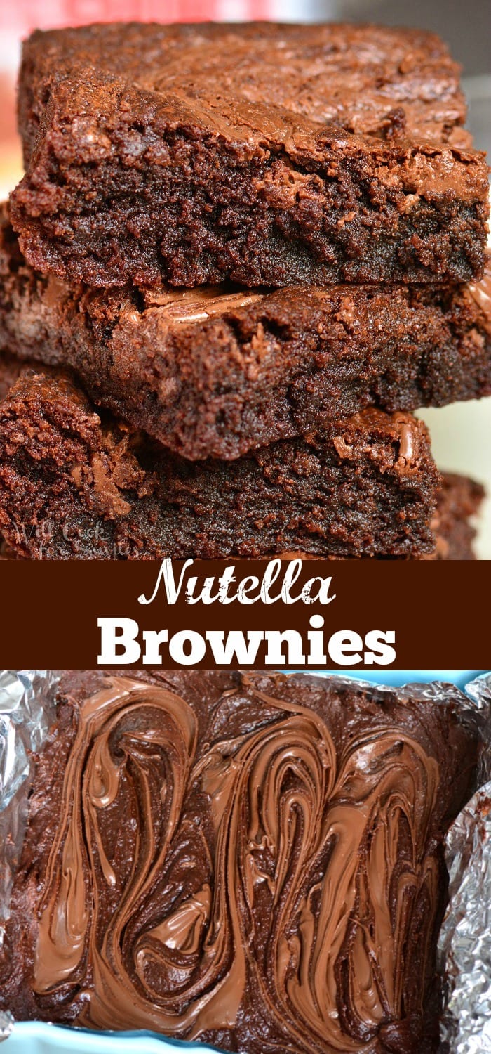 collage 1st picture is of Nutella Brownies stacked together bottom picture is brownies in tin foil lined baking pan 