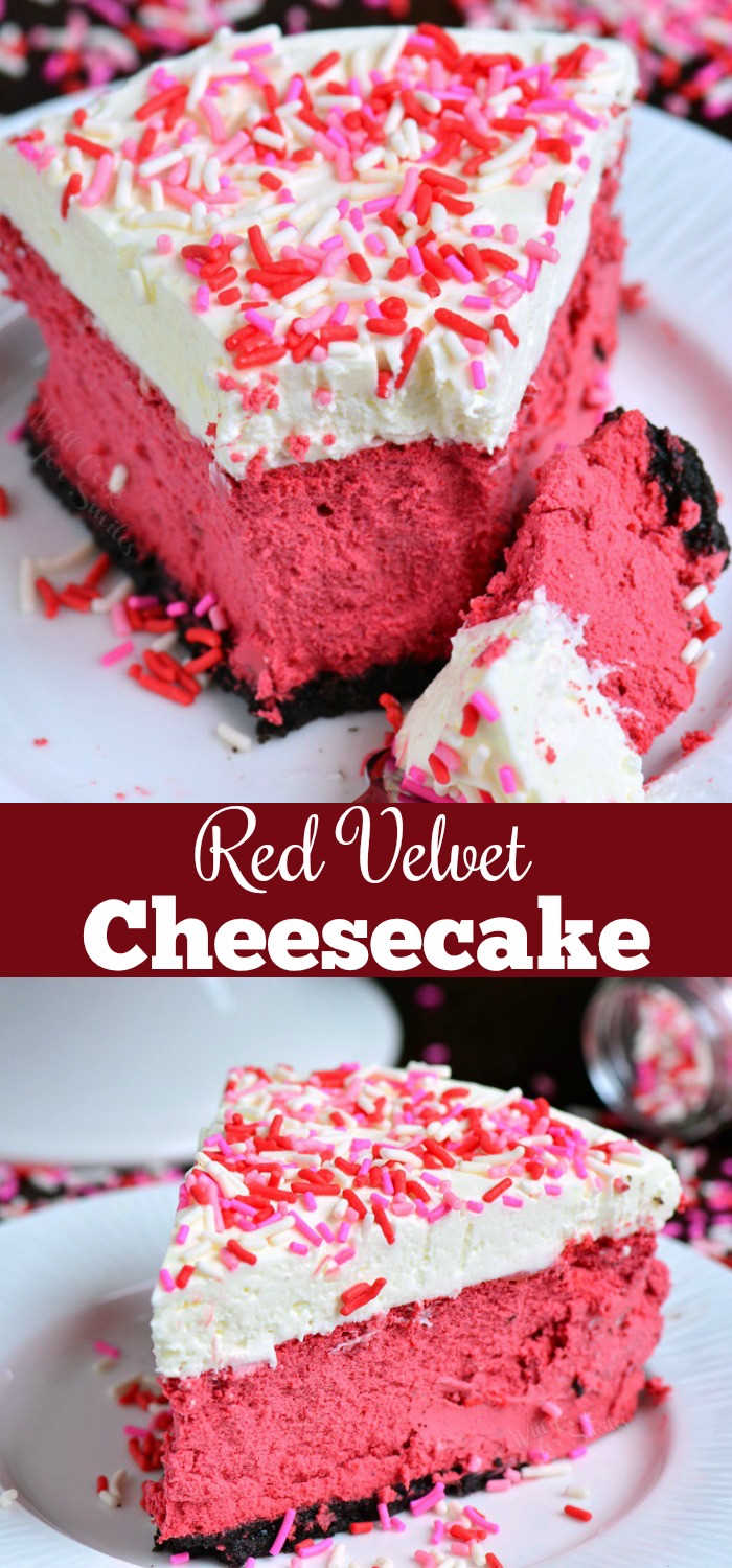 Red Velvet Cheesecake. This luscious cheesecake is inspired by a traditional red velvet cake and made with buttermilk, vinegar, cocoa powder, and topped with cream cheese frosting. #cheesecake #redvelvet #dessert #frosting 