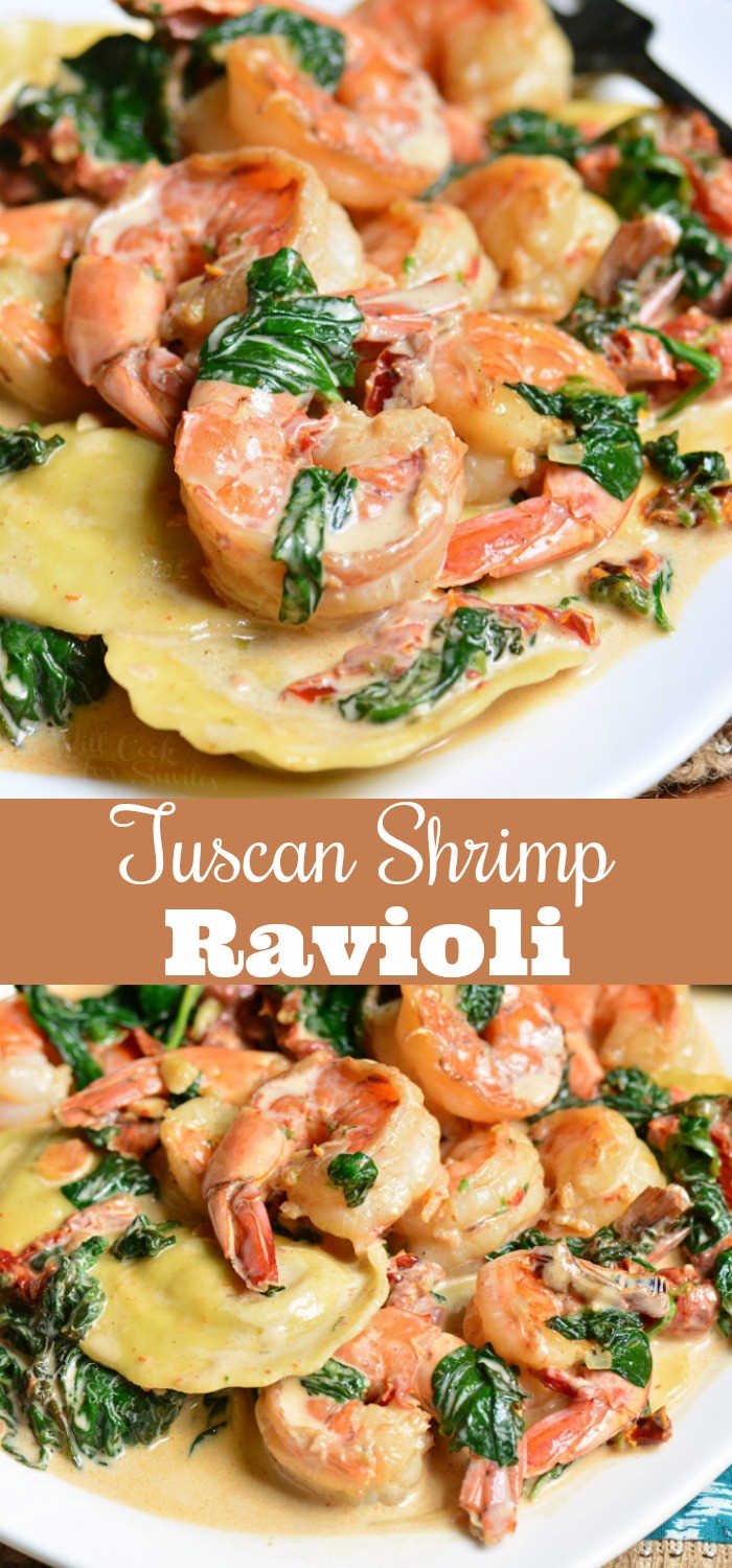 Creamy Tuscan Shrimp Ravioli. Easy and comforting dinner that takes less than 30 minutes to prepare. Juicy shrimp is cooked with garlic, spinach, sun-dried tomatoes, and cream. #shrimp #ravioli #dinner #seafood #easydinner #30minute