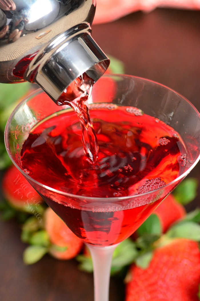 Strawberry Shortcake Martini being poured into martini glass 