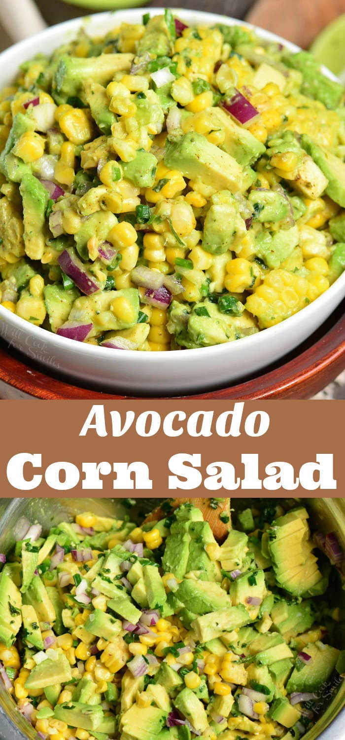 Avocado Corn Salad. This simple salad features corn on the cob, a generous addition of avocado, red onions, scallions, cilantro, and simple seasoning. So much flavor but only a few ingredients. #corn #avocado #cornsalad #avocadosalad #potluck