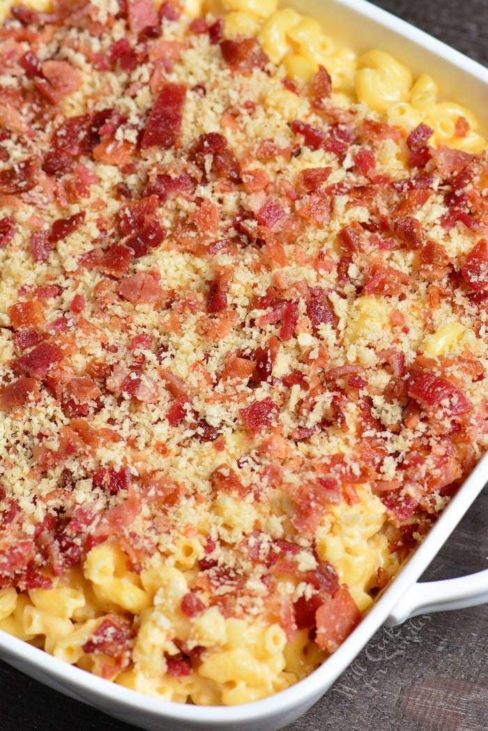 Bacon Baked Mac and Cheese in a casserole dish 