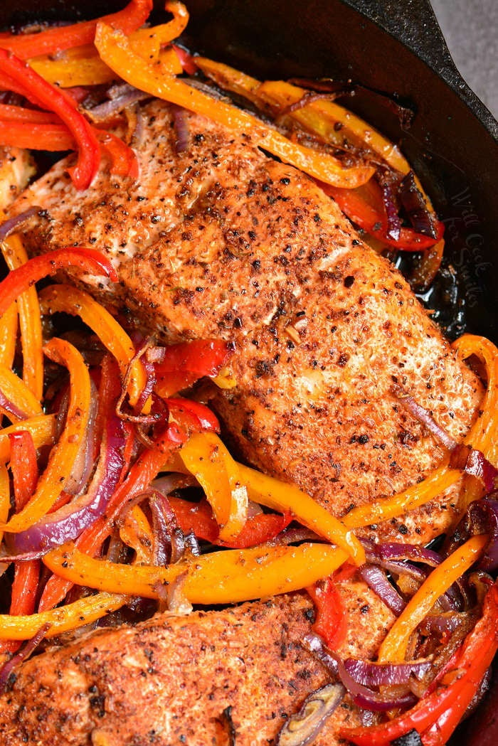 Cajun Baked Salmon in a cast iron pan 