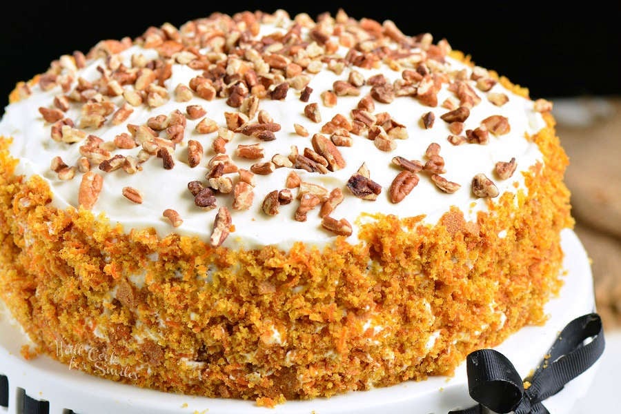 Carrot Cake recipe on a cake stand 