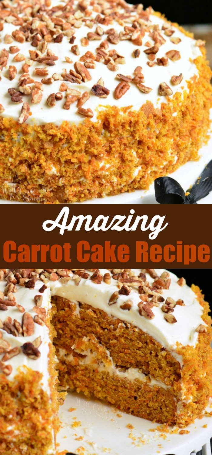 Amazing Carrot Cake recipe on a cake stand 