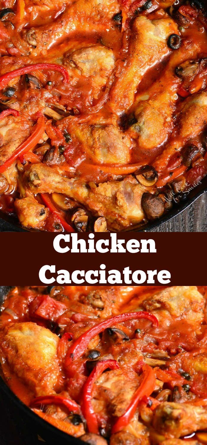 Chicken Cacciatore is a classic Italian dish that's made with chicken, bell peppers, onion, garlic, and tomatoes. To give the dish a lot more of amazing flavor, I've added white wine, capers, olives, and mushrooms. #chicken #dinner #onepan #easydinner