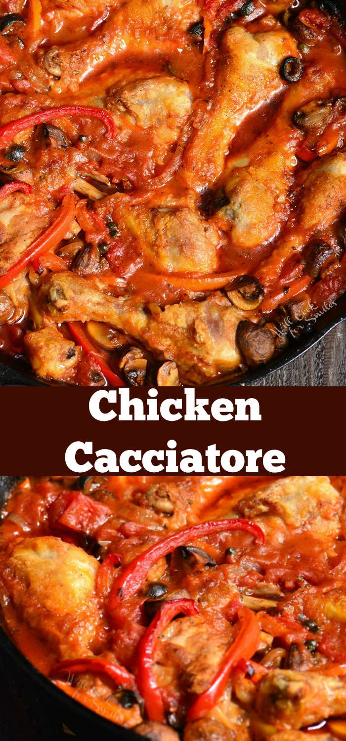 Chicken Cacciatore is a classic Italian dish that's made with chicken, bell peppers, onion, garlic, and tomatoes. To give the dish a lot more of amazing flavor, I've added white wine, capers, olives, and mushrooms. #chicken #dinner #onepan #easydinner