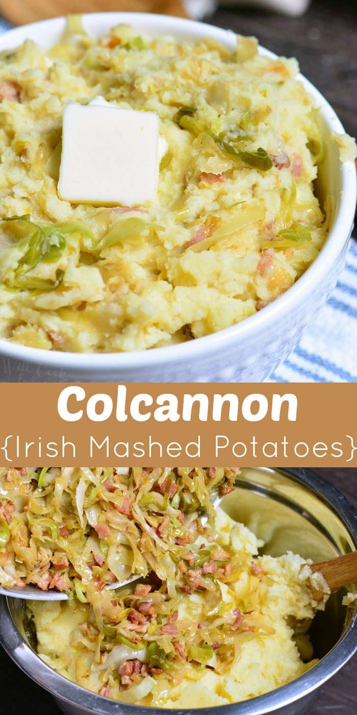 collage of two images of colcannon and adding cabbage.