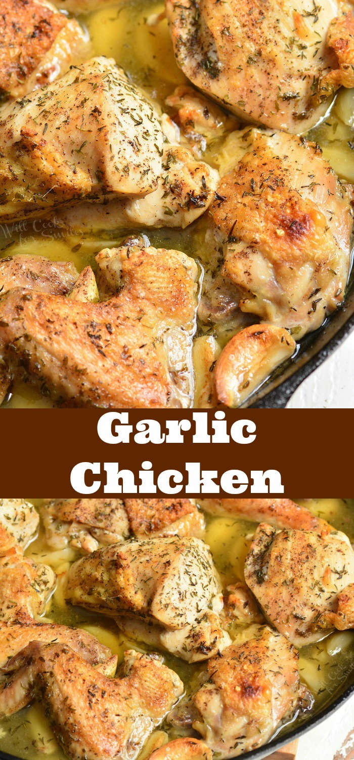 Garlic Chicken. Amazing baked chicken made with lots of garlic, white wine, chicken broth, and herbs. Learn how to easily break down the whole chicken for this garlic chicken recipe. #chicken #bakedchicken #garlicchicken #easydinner