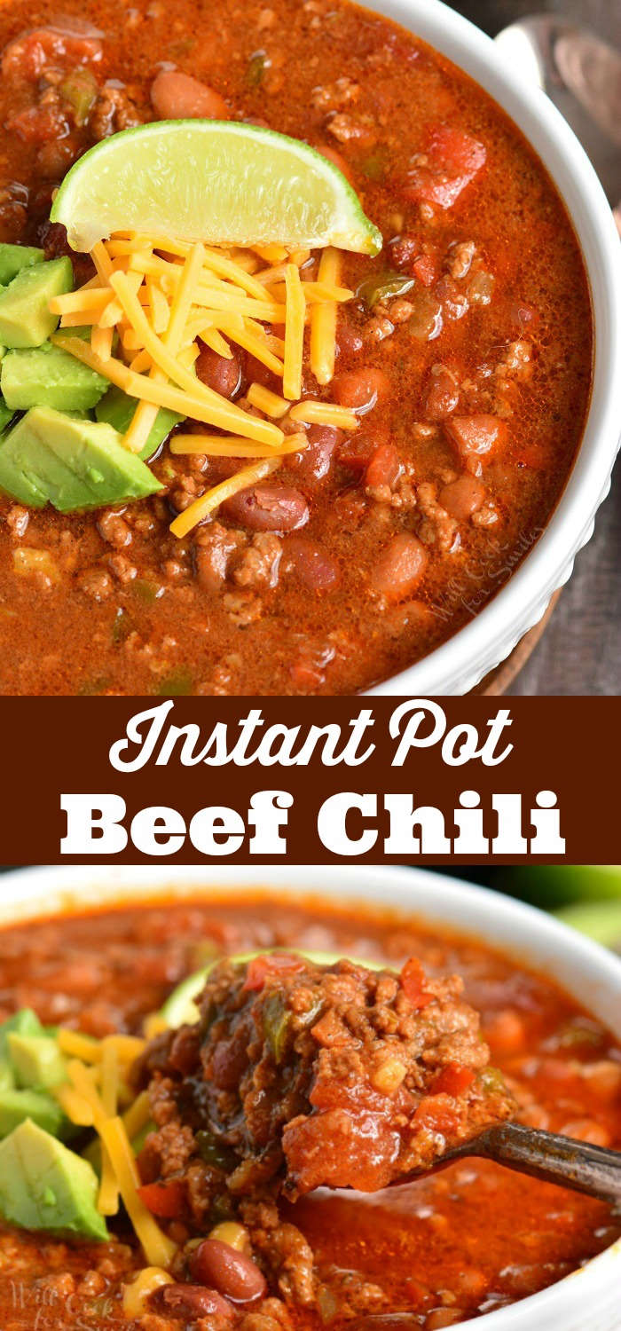 collage of instant pot chili in a bowl top with above picture of chili bottom with side view picture 